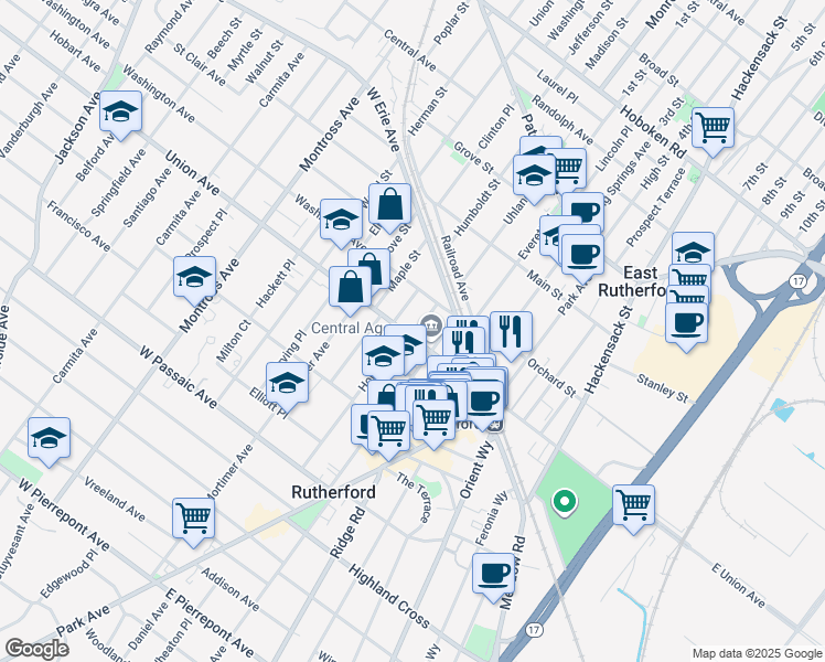 map of restaurants, bars, coffee shops, grocery stores, and more near 47 Ivy Place in Rutherford