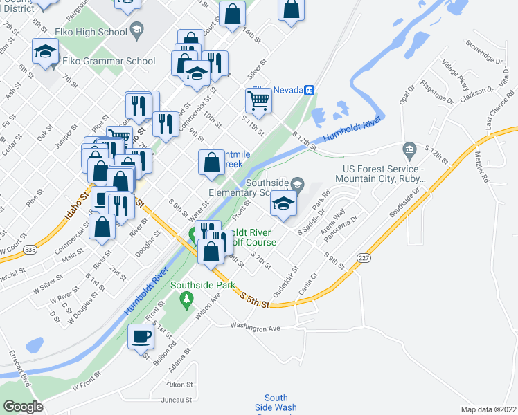map of restaurants, bars, coffee shops, grocery stores, and more near 440 South 9th Street in Elko
