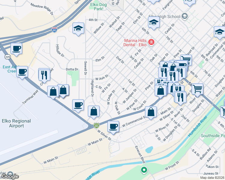 map of restaurants, bars, coffee shops, grocery stores, and more near 247 West Fir Street in Elko
