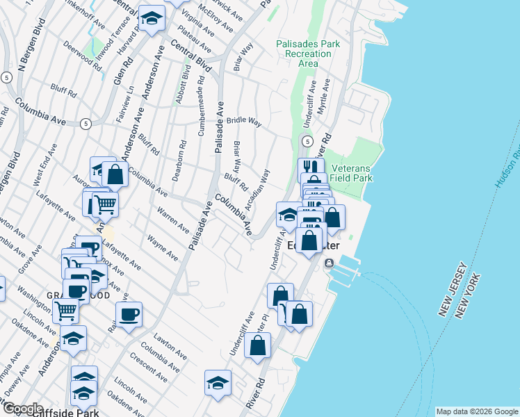 map of restaurants, bars, coffee shops, grocery stores, and more near 1040 Arcadian Way in Fort Lee