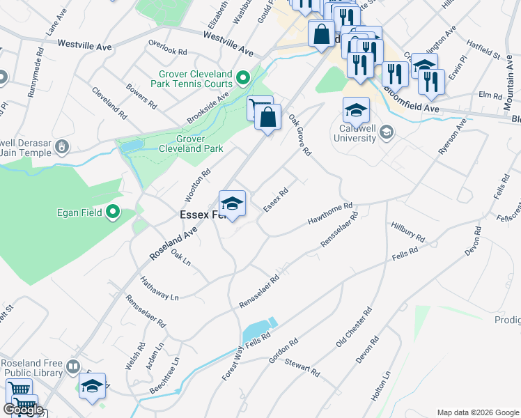 map of restaurants, bars, coffee shops, grocery stores, and more near 42 Park Lane in Essex Fells