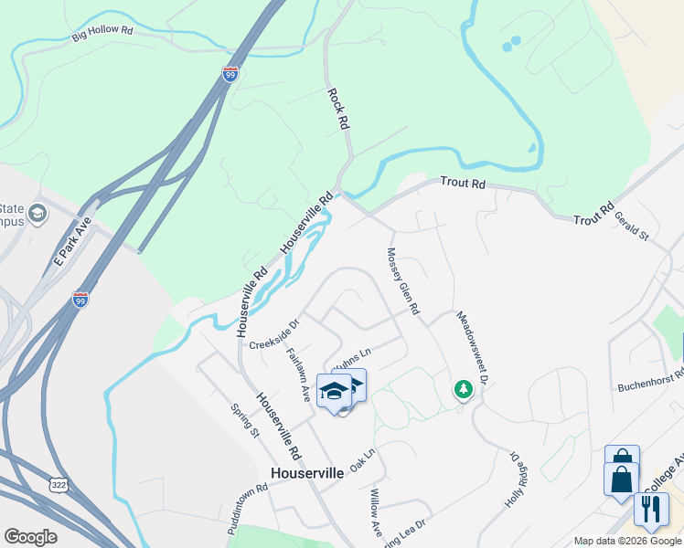 map of restaurants, bars, coffee shops, grocery stores, and more near 141-227 Creekside Drive in State College