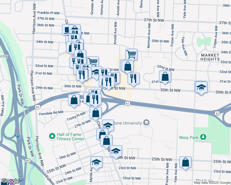 map of restaurants, bars, coffee shops, grocery stores, and more near 1130 30th Street Northwest in Canton
