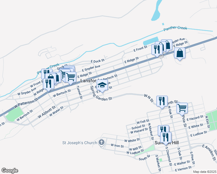 map of restaurants, bars, coffee shops, grocery stores, and more near 221 East Abbott Street in Lansford