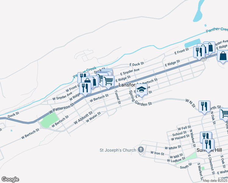 map of restaurants, bars, coffee shops, grocery stores, and more near 22 Tunnel Street in Lansford