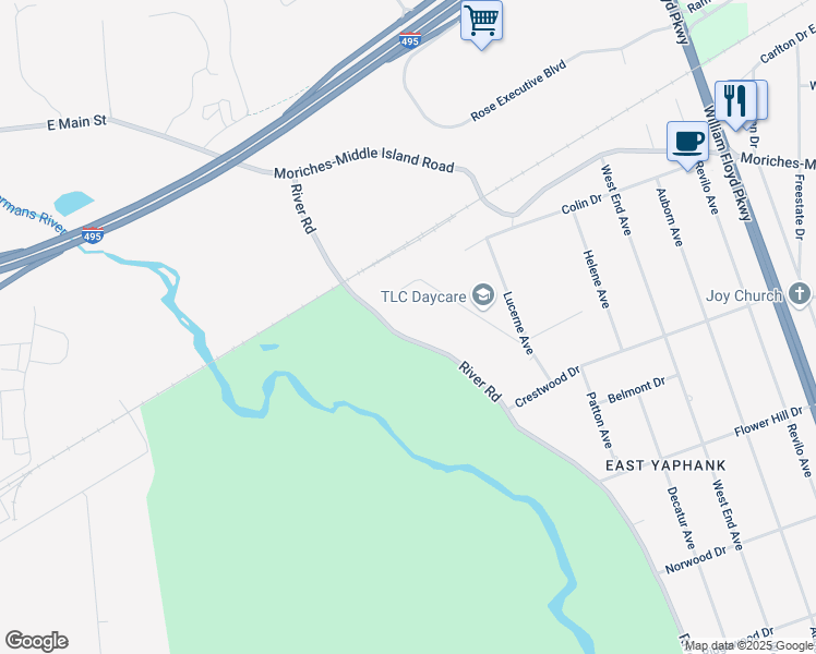 map of restaurants, bars, coffee shops, grocery stores, and more near 466 River Road in Shirley