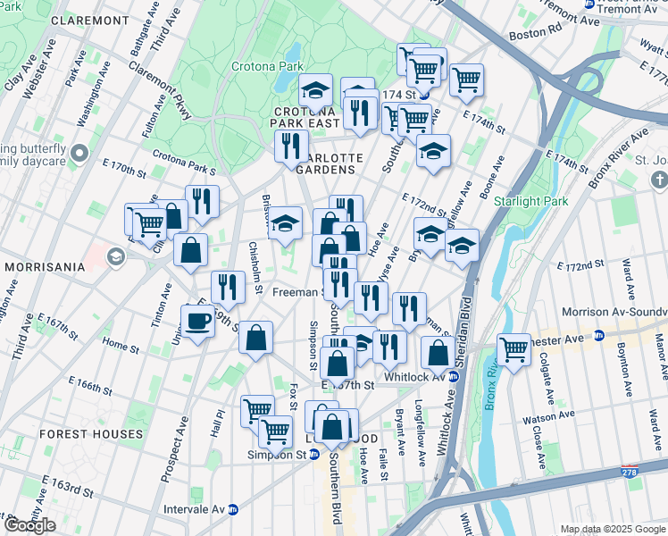 map of restaurants, bars, coffee shops, grocery stores, and more near 1327 Southern Boulevard in Bronx