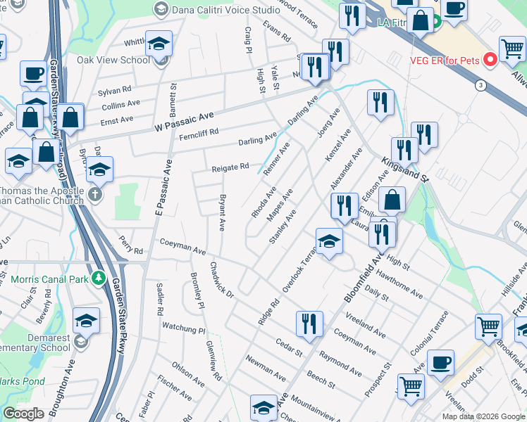 map of restaurants, bars, coffee shops, grocery stores, and more near 95 Rhoda Avenue in Nutley