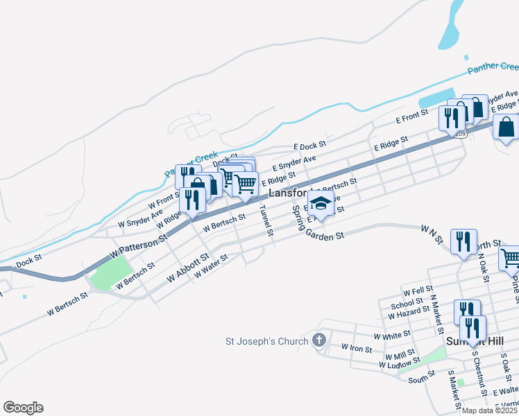 map of restaurants, bars, coffee shops, grocery stores, and more near 22 Tunnel Street in Lansford