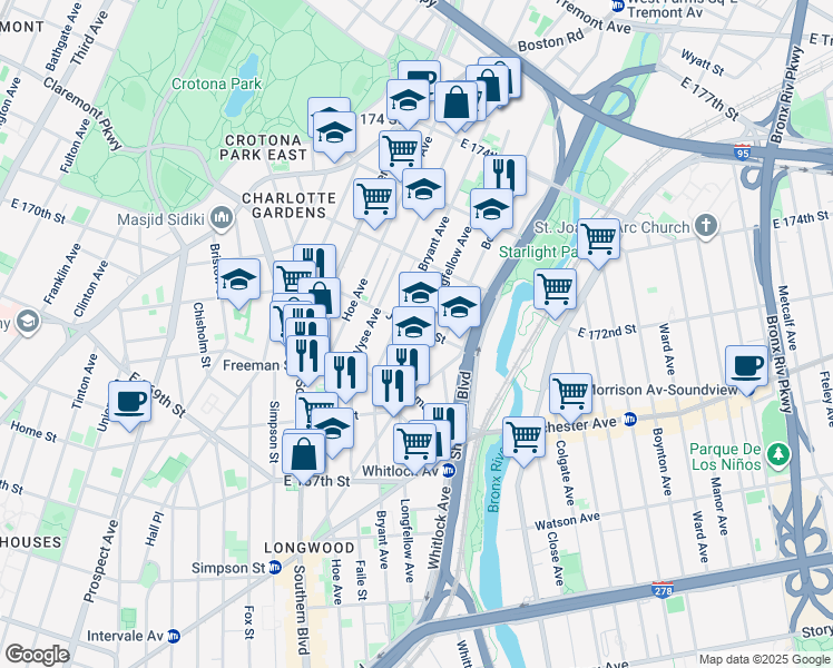 map of restaurants, bars, coffee shops, grocery stores, and more near 1452 Longfellow Avenue in Bronx