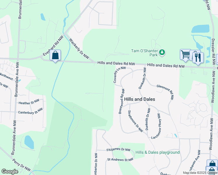 map of restaurants, bars, coffee shops, grocery stores, and more near 2814 Westdale Road Northwest in Canton