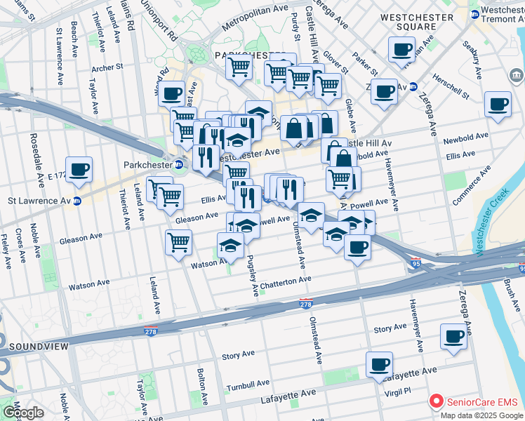 map of restaurants, bars, coffee shops, grocery stores, and more near 2044 Cross Bronx Expressway in Bronx