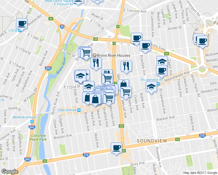 map of restaurants, bars, coffee shops, grocery stores, and more near in The Bronx