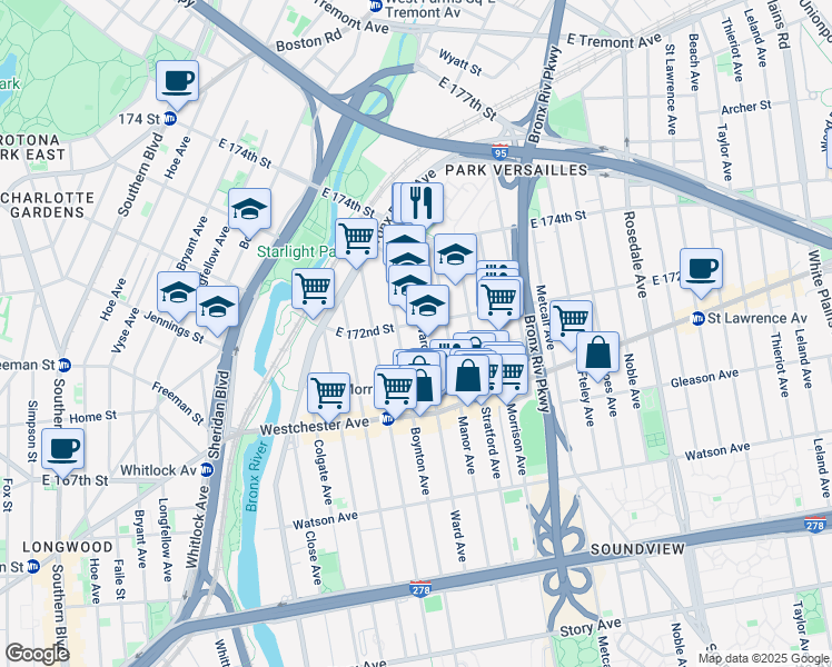 map of restaurants, bars, coffee shops, grocery stores, and more near 1558 East 172nd Street in Bronx
