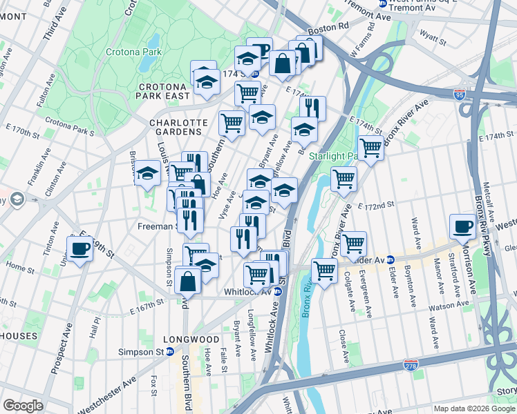 map of restaurants, bars, coffee shops, grocery stores, and more near 1452 Longfellow Avenue in Bronx