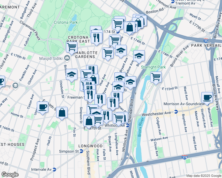 map of restaurants, bars, coffee shops, grocery stores, and more near 1453 Bryant Avenue in Bronx