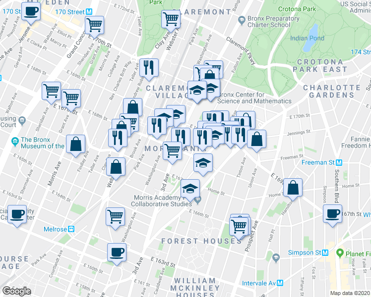 map of restaurants, bars, coffee shops, grocery stores, and more near 547 East 168th Street in The Bronx