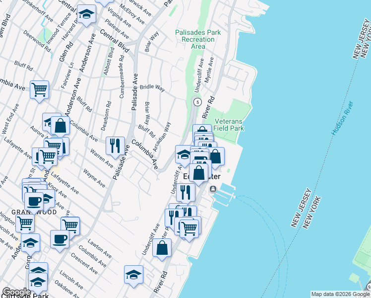 map of restaurants, bars, coffee shops, grocery stores, and more near 550 Undercliff Avenue in Edgewater