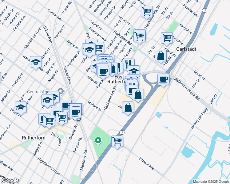 map of restaurants, bars, coffee shops, grocery stores, and more near 130 Hackensack Street in East Rutherford