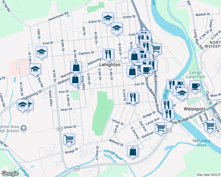 map of restaurants, bars, coffee shops, grocery stores, and more near 178 S 4th St in Lehighton