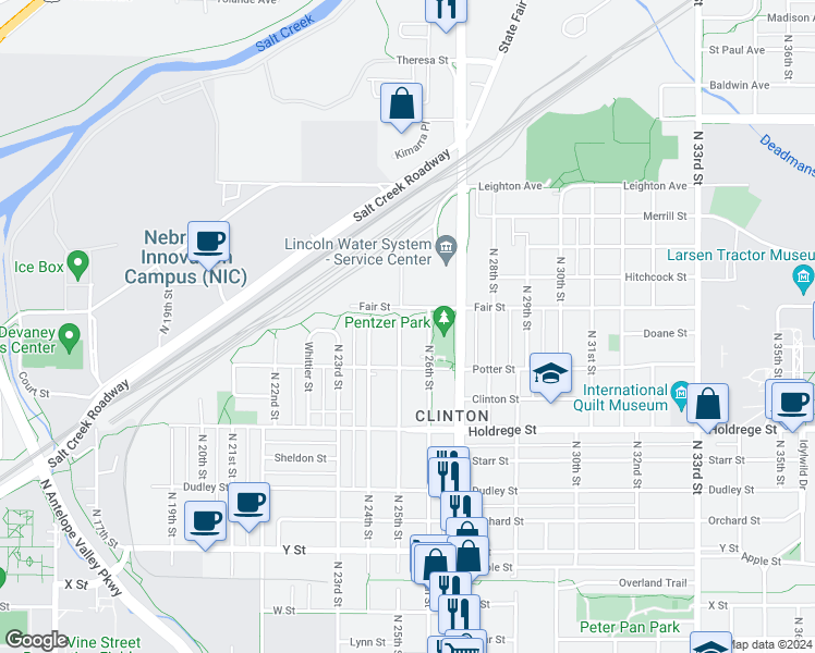 map of restaurants, bars, coffee shops, grocery stores, and more near 1835 North 26th Street in Lincoln