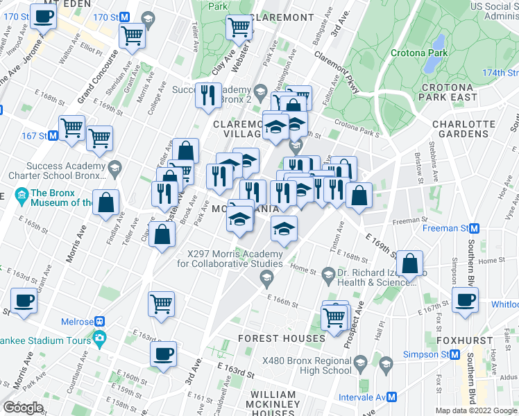 map of restaurants, bars, coffee shops, grocery stores, and more near 547 East 168th Street in The Bronx