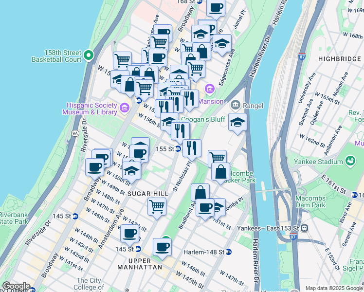 map of restaurants, bars, coffee shops, grocery stores, and more near 889 Saint Nicholas Avenue in New York