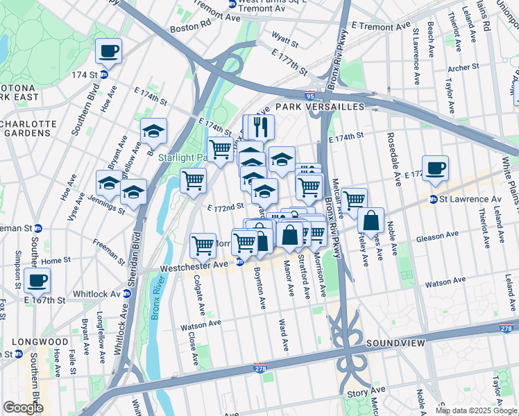 map of restaurants, bars, coffee shops, grocery stores, and more near 1558 East 172nd Street in Bronx