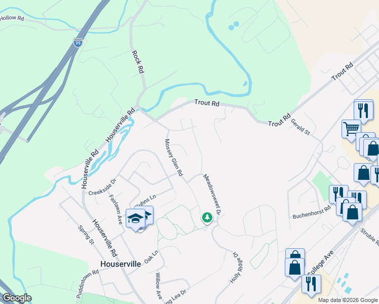 map of restaurants, bars, coffee shops, grocery stores, and more near Fernleaf Ct in State College
