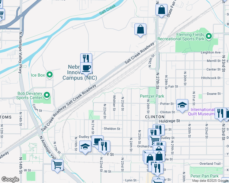 map of restaurants, bars, coffee shops, grocery stores, and more near 1823 Whittier Street in Lincoln