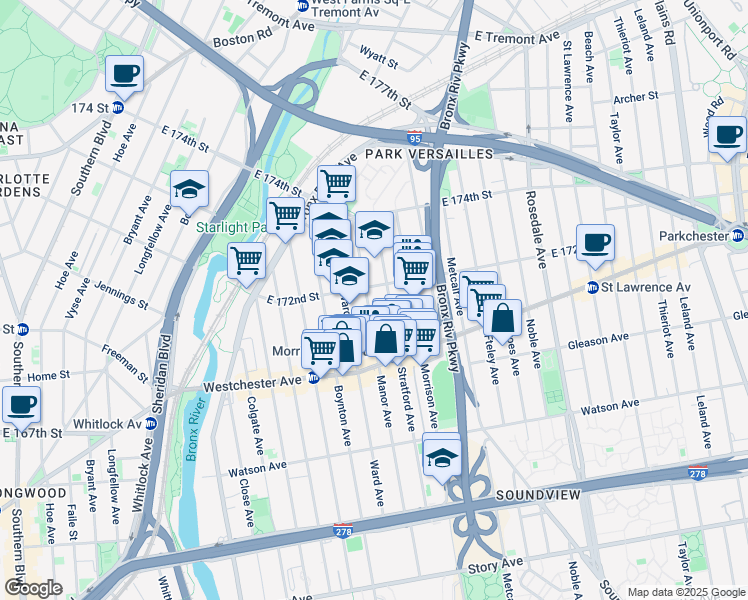 map of restaurants, bars, coffee shops, grocery stores, and more near 1264 Manor Avenue in The Bronx