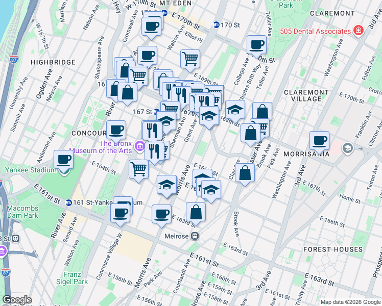 map of restaurants, bars, coffee shops, grocery stores, and more near 1119 Morris Avenue in The Bronx