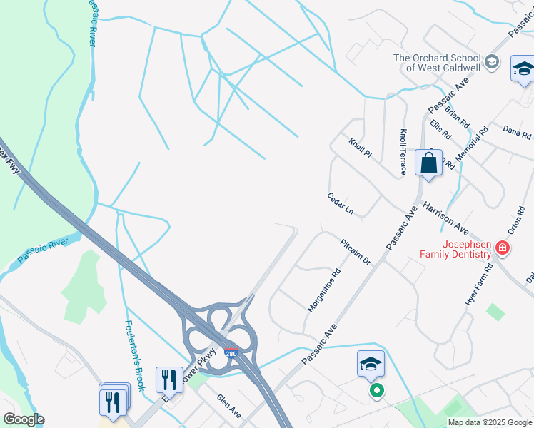 map of restaurants, bars, coffee shops, grocery stores, and more near 105 Eisenhower Parkway in Roseland