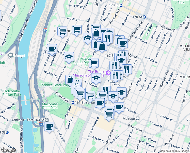 map of restaurants, bars, coffee shops, grocery stores, and more near 1027 Walton Avenue in Bronx