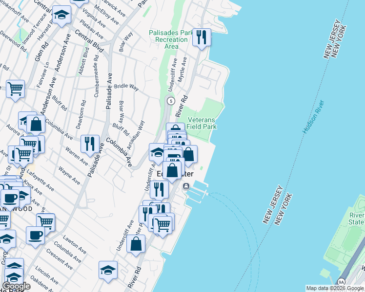 map of restaurants, bars, coffee shops, grocery stores, and more near 1080 River Road in Edgewater