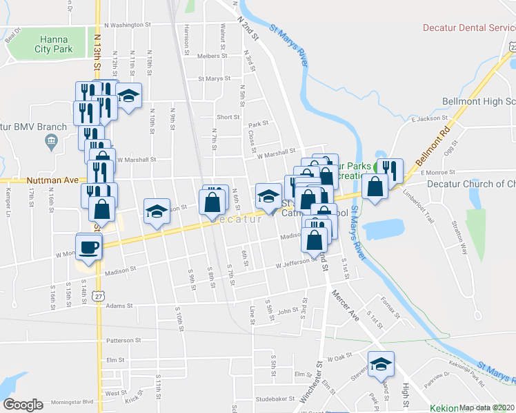 map of restaurants, bars, coffee shops, grocery stores, and more near 420 West Monroe Street in Decatur