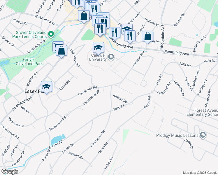map of restaurants, bars, coffee shops, grocery stores, and more near 7 Hawthorne Road in Caldwell