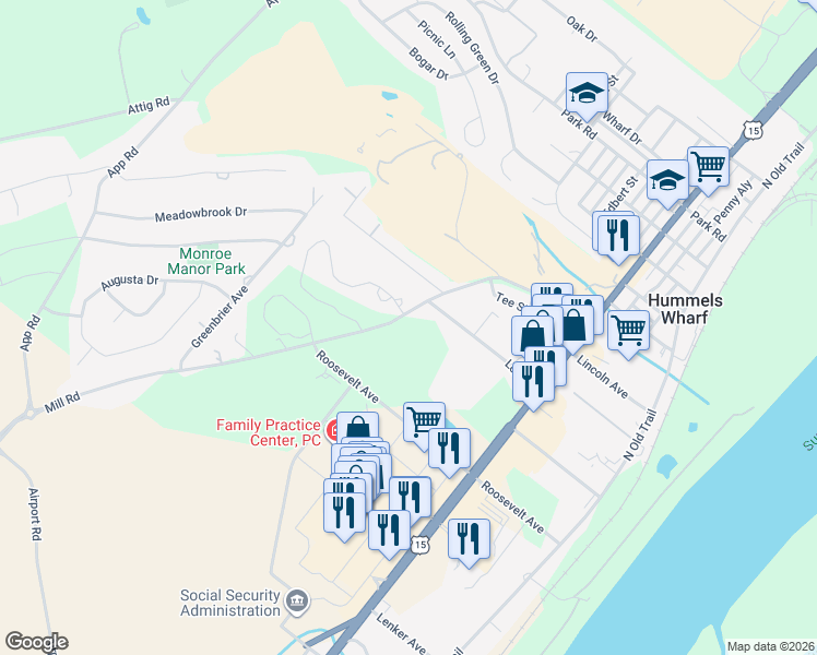 map of restaurants, bars, coffee shops, grocery stores, and more near 300-334 Mill Road in Snyder County