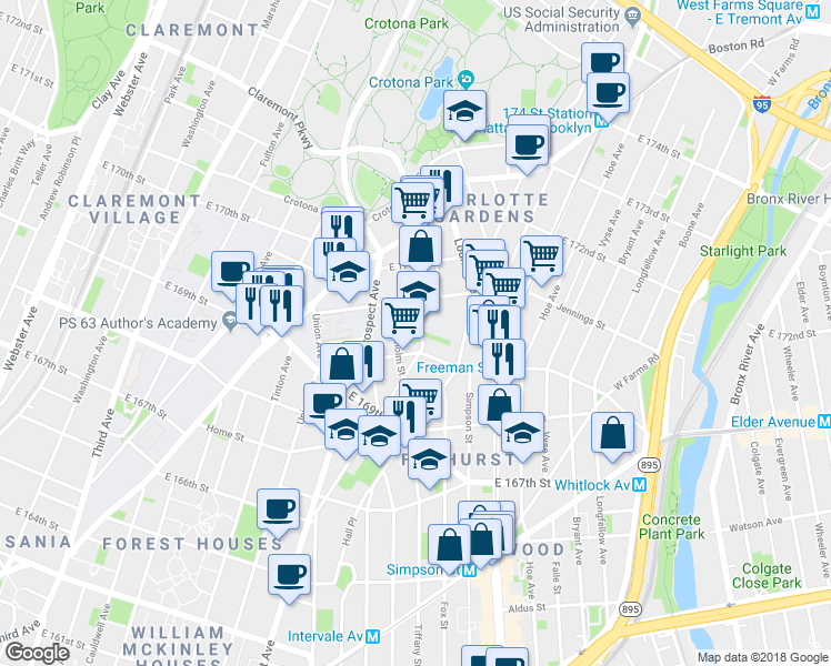 map of restaurants, bars, coffee shops, grocery stores, and more near 1321 Bristow Street in Bronx