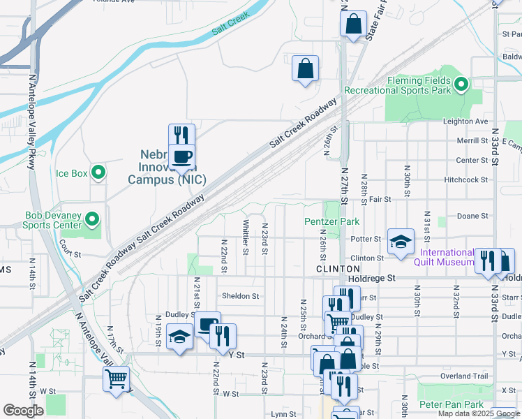 map of restaurants, bars, coffee shops, grocery stores, and more near 1853 Whittier Street in Lincoln