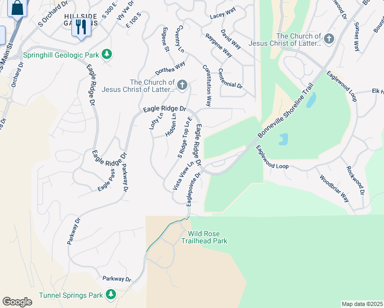 map of restaurants, bars, coffee shops, grocery stores, and more near 664 Eagle Ridge Drive in North Salt Lake