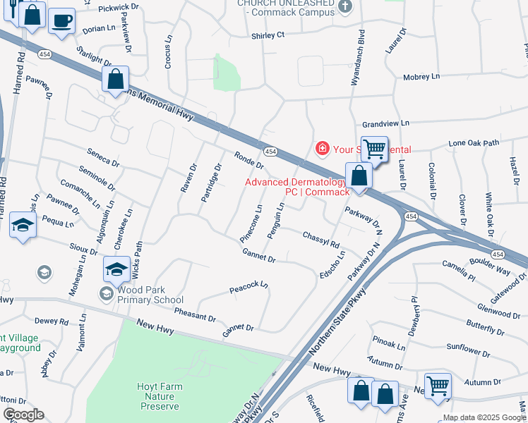 map of restaurants, bars, coffee shops, grocery stores, and more near 9 Pinecone Lane in Commack