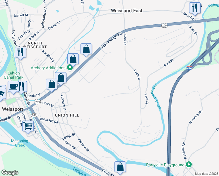 map of restaurants, bars, coffee shops, grocery stores, and more near 922 Rock Street in Lehighton
