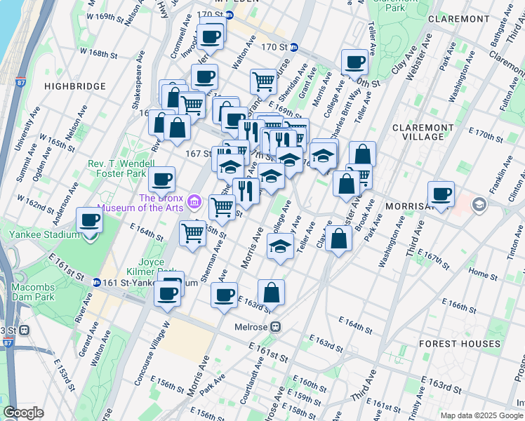 map of restaurants, bars, coffee shops, grocery stores, and more near 1131 Morris Avenue in The Bronx