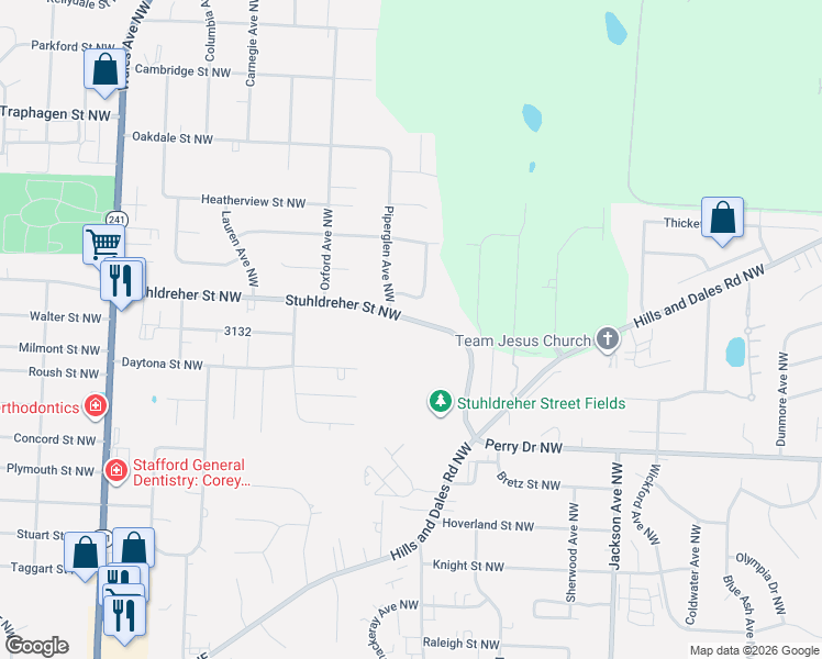 map of restaurants, bars, coffee shops, grocery stores, and more near 7490 Stuhldreher Street Northwest in Massillon