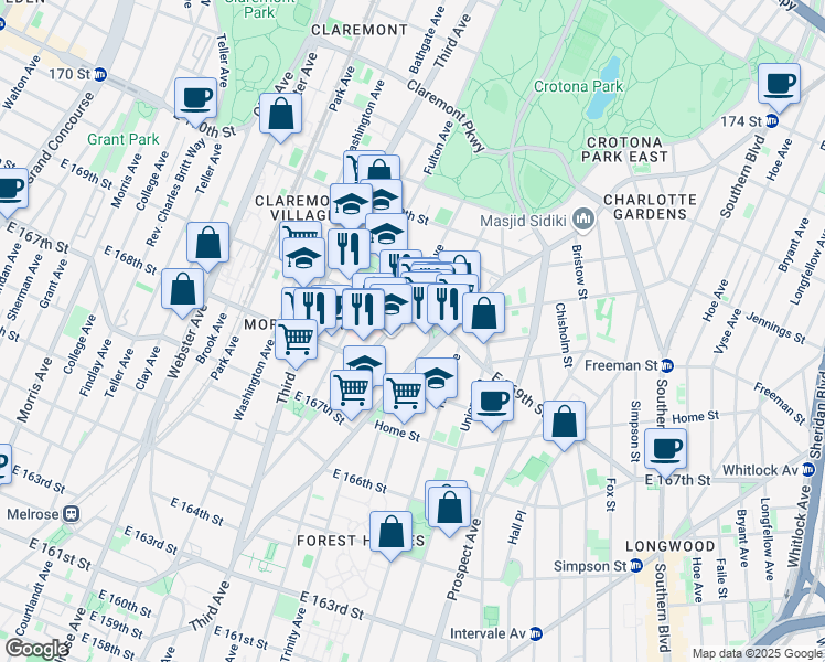map of restaurants, bars, coffee shops, grocery stores, and more near 622 East 169th Street in Bronx