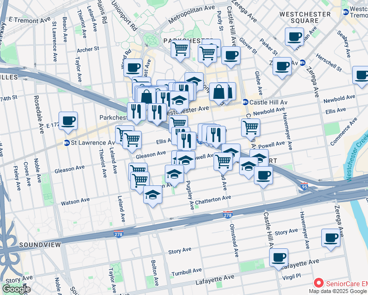 map of restaurants, bars, coffee shops, grocery stores, and more near 1212 Pugsley Avenue in Bronx