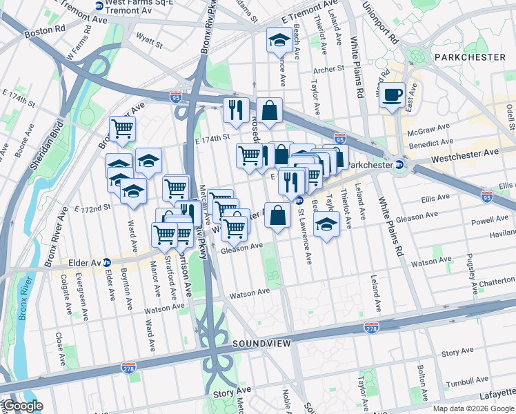 map of restaurants, bars, coffee shops, grocery stores, and more near 1265 Noble Avenue in Bronx