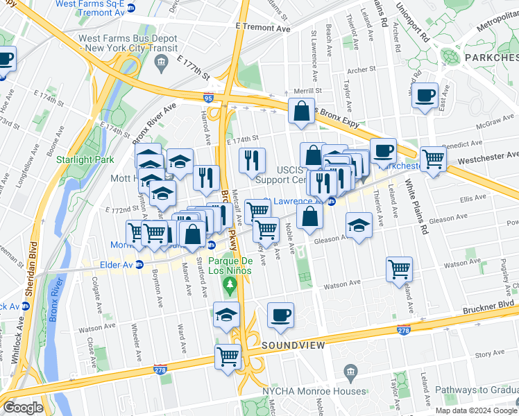 map of restaurants, bars, coffee shops, grocery stores, and more near 1266 Fteley Avenue in Bronx