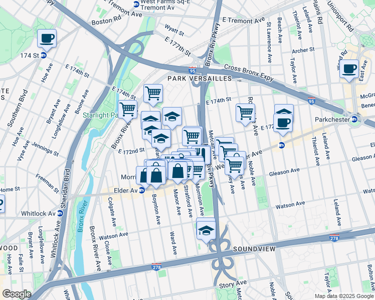 map of restaurants, bars, coffee shops, grocery stores, and more near in The Bronx